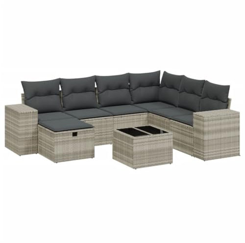 vidaXL Garten Sofagarnitur mit Kissen 8-TLG., Gartenmöbel Gartengarnitur, Sitzgruppe Sitzgarnitur, Lounge Sofa Garnitur Terrasse, Hellgrau Poly Rattan