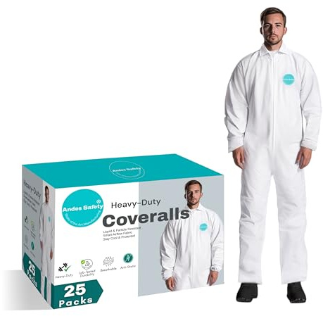 Andes 25 Hazmat Suits, Heavy Duty Paint Suits, Disposable Protective Lab Coveralls with Collar, Non-Elastic Wrists and Ankles (Small)