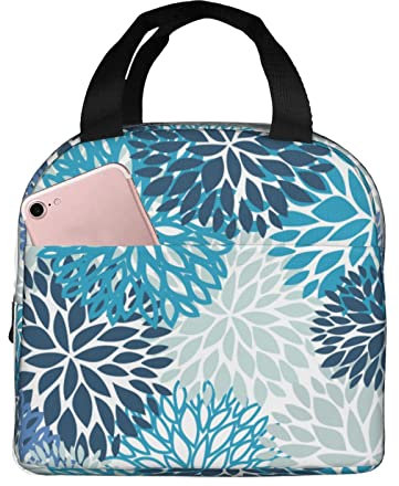 JIMOWANG Bolsa de almuerzo portátil con diseño de flores de crisantemo azul marino, bolsa compacta, reutilizable, contenedor para la escuela, oficina, trabajo