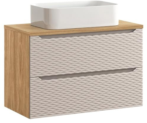 Lomadox Badezimmer Waschtisch 90cm in Eiche, Front in beige mit 3D-Oberfläche