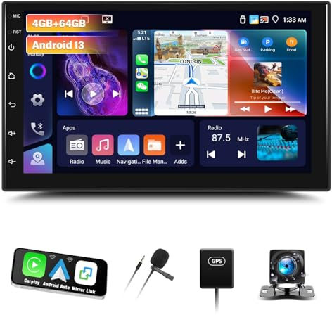 [4G + 64G] Android 13 Double Din Autoradio con Carplay Android Auto,7 Touchscreen 2 din Radio con Bluetooth EQ GPS WiFi FM/RDS MirrorLink Split Screen + telecamera posteriore e microfono