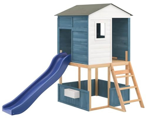 vidaXL Play Tower White and Blue Solid Wood Fir, Climbing Tower, Playground, Garden, Climbing Towers, Play Equipment, Wooden Play Equipment