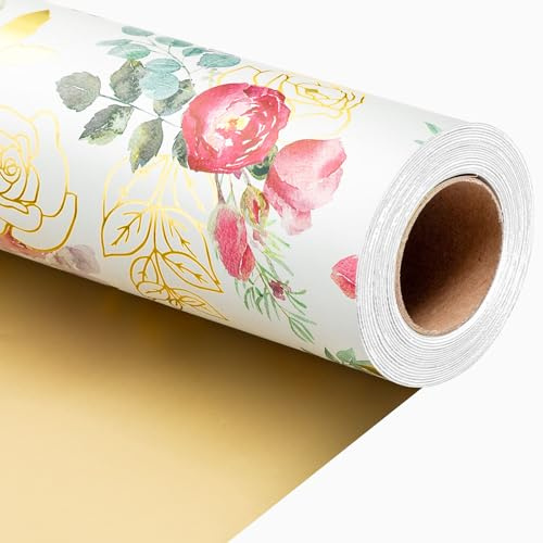 Wikadlik Floral Geschenkpapier, Elegantes Metallisch Goldenes Glänzendes Blumendesign Reversibles Geschenkpapier für Geburtstag, Babyparty, Hochzeit, Muttertag, Brautparty-Feier - 43 cm x 10 m