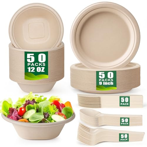 Gezond 250PCS Disposable Paper Plates and Bowls Set with Long Utensils, Compostable Plates Eco-Friendly Dinnerware Set Includes Biodegradable Plate, Bowls, Forks, Knives Spoons for Party Camping