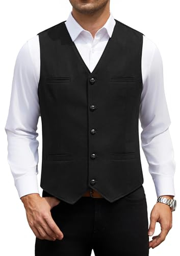HISDERN kostymväst för män vintage casual tweed väst herr fiskben ullväst formell för bröllop affärer med fickor, svart, XL