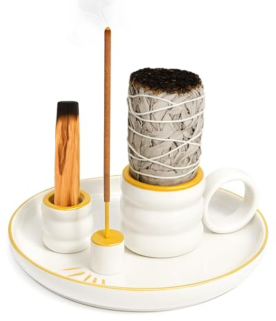 BS-VOG Porte-encens 4 en 1, support pour Palo Santo pour brûler de la sauge, bâtons et bougies, brûleur d’encens en céramique avec poignée, bac récupérateur de cendres de 15 cm, décor Zen pour la