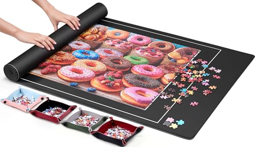 ZOYIDOUX Jigsaw Puzzle Mat Roll Up 1500 Pieces – Non-Slip Rubber Bottom & Smooth Top – With 6 Sorting Trays, Elastic Band, Travel Storage Bag Portable & Gift Box – 46” x 26” Puzzle Saver