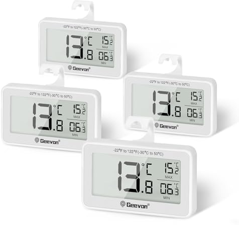 Geevon Kylskåpstermometer, digital mini, IP65 vattentät, för kylskåp, frys, inomhustermostat med LCD-skärm, max min-inspelning – med batterier (8707B-WH-4)