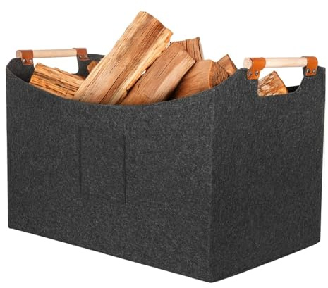 LINSOCLE Tasche für Kaminholz, Filz Holzkorb für Kaminholz, Kaminholzkorb groß xxl, Brennholz Korb 55x32x40cm- 4mm Weicher Filz, Kratzschutz,Holz-Kunstleder Griffe, Klappbar