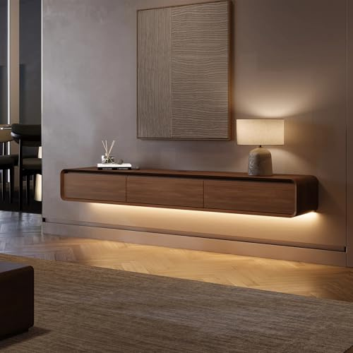 POVISON TV Schrank Schwebend 200cm mit LED Moderne Walnussholz | Massivholz, 3 Schubladen TV Lowboard Hängend Kabelmanagement, Komplettmöbel mit Stauraum fürs Wohnzimmer