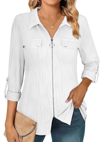 Flikity Ladies Tops and Blouses 3/4 Sleeve Womens Business Casual Tops Collared V Neck Work Office Shirts Loose Fit Rolled Up Long Sleeve Full Zipper Fall Shirts Solid Outwear White XXL