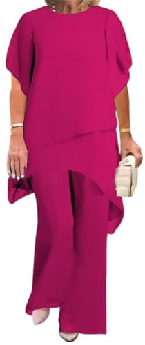 Generisch Traje de pantalón para mujer de gasa y tul, elegante juego de dos piezas para la moda de noche, atuendo festivo en tallas grandes para bodas y cócteles, Rosa rojo., XXL