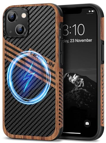 TENDLIN Coque Magnétique Compatible avec iPhone 13 Etui Hybride en Bois et Carbone et Cuir Compatible avec MagSafe (Stripes)
