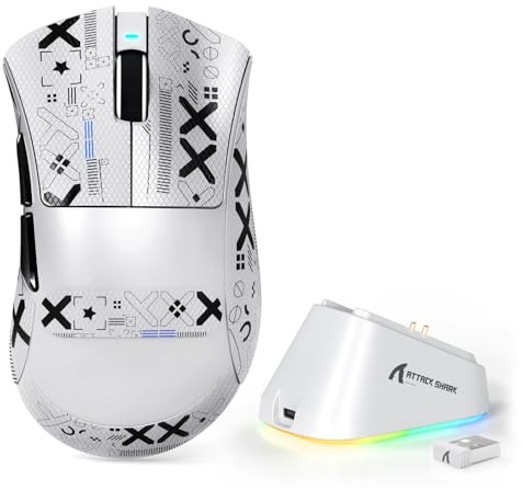 MAMBASNAKE x Attack Shark V3PRO Ratón Inalámbrico para Juegos con Base de Carga Magnética, Sensor PAW3311, BT/2,4G/USB-C, 62g de Peso Ligero 25,000 dpi Lightspeed para PC/Mac-Blanco with Tape