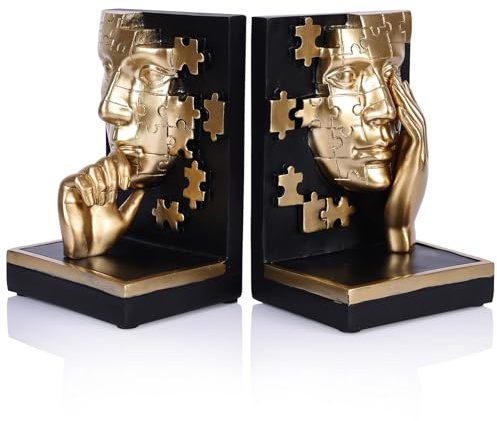 oliruim Moderne einzigartige Denker-Bücherregal-Buchstützen von Set 2 – cooles schwarz-goldenes ausgefallenes Gesicht Buchstützen für Regalzubehör, Bürotisch, Heimdekoration