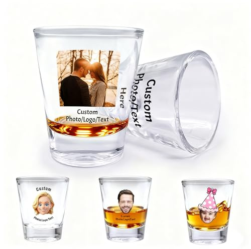Akmxem Verres à Shot Personnalisés avec Photo Visage Texte 60 ML Shooter Verre pour Liqueurs Tequila Whisky Brandy Wodka Rhum Home Party Photo Cadeau Personnalisé pour Couple Homme et Femme