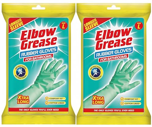 GETINSTYLE SHOP 2 Pairs of Elbow Grease Rubber Gloves for Cleaning Bathrooms – Cotton Lined with Extra Long Sleeve, Mint Blue with In-built Antibacterial Properties – Bundled