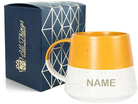 Personalised Ceramic Coffee Mug with Name - 370ml Stoneware Belly Mug - Custom Engraved Gift Boxed Cup for Tea & Coffee - Birthday Christmas Gift for Her Him - Yellow