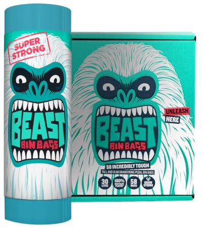 BEAST Bin Bags, 30L Strong, Drawstring, 100% Recycled Plastic (58 Bags) | Strong & Leak Resistant, Easy Drawstring Closure, Ideal for Kitchens, Offices & Slim Bins, Monstrously Strong Slim Bags