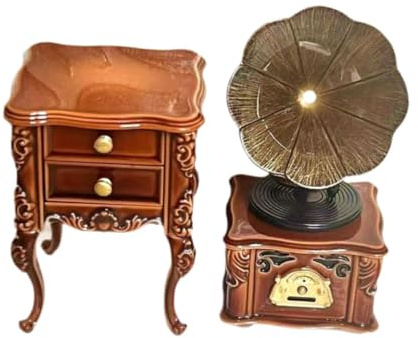 QUXVUIS Mini grammofono per casa delle bambole, accessori per casa delle bambole, comodini in legno, comodini vintage, oggetti da collezione, mini grammofono