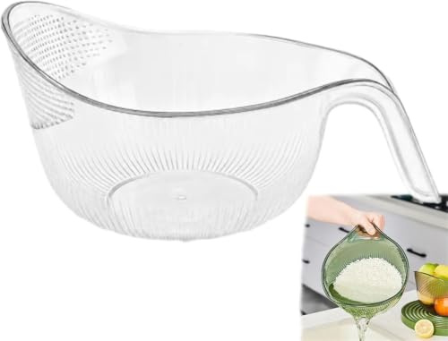 Multipurpose Rice Washing Bowl Strainer with Handle,Aesthetic Multifunctional Rice Strainer,Rice Washer Strainer Bowl,Colander for Draining Vegetables,Fruits,Cheese, Coffee Dispenser Set (Transparent)