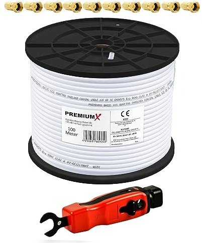 Premium X 100m BASIC Koaxialkabel 135dB 4-fach SAT Antennenkabel Koax-Kabel RG6 Satellitenkabel Abisolierer 10x F-Stecker