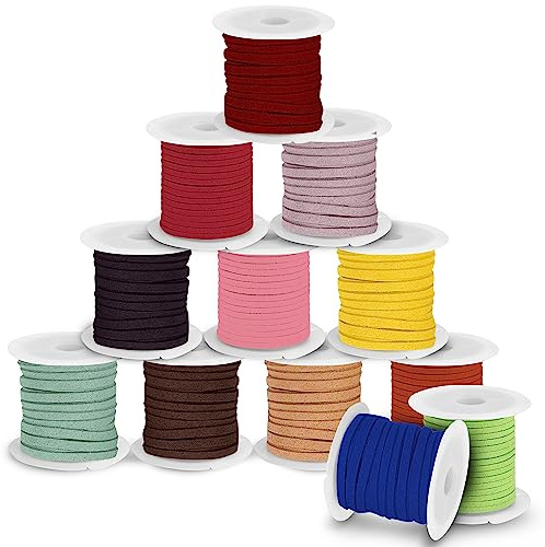 Curtzy 12er Pack Kunstleder Wildlederband Lederbänder für Armbänder Schnur - Jede Spule ist 3 mm Dick & 3 m Lang - Bunte Flache Lederbänder - Lederband für Schmuck Herstellung, Armbänder, Basteln