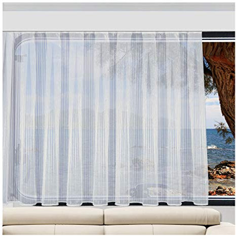 SeGaTeX home fashion Fertiggardine Wohnwagenstore „Mailin“ sektfarben Glanzgarn | Höhe nach Maß (Wunschhöhe angeben)| Abschluss unten Zinkband oder Stabsaum Höhe 80-120 cm, Breite wählbar