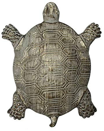 L'Héritier Du Temps Pas Japonais Motif Tortue Décoration de Jardin en Fonte Patinée Grise 2x25,50x31cm