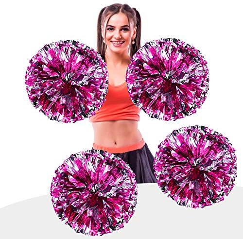 AUHOTA 4 Stück Metallfolie Cheerleading Pom Poms, Cheerleader Pompons Handblumen zum Sport Cheers Ball Dance Kostüm Nacht Party Team Spirit (6 Zoll) (Rose/Silber)