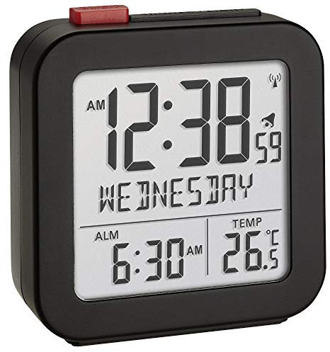 TFA Dostmann 60.2558.01 digitaler Funk-Wecker Reisewecker Zeitzone LCD Display (schwarz mit Batterien)