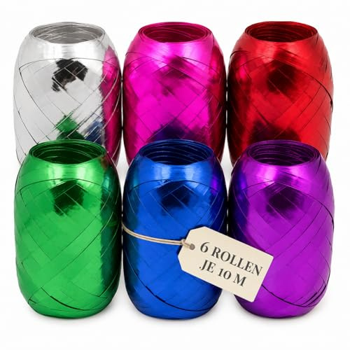 Set Ringelband Polyband Geschenk-Band Geschenkschleifen zum Basteln und Verpacken - glänzend & matt sortiert (metallic violett - pink - rot - grün - silber - blau, 6 Rollen Geschenkband je 10m)