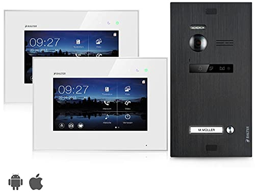 Balter EVO Video Türsprechanlage, Touchscreen, 2 x 7 Zoll Monitor, Smartphone App, 2-Draht Bus, Türstation für 1 Familienhaus Türklingel, 150° Weitwinkel-Kamera, Weiß-Schwarz