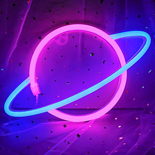 Planet Neon Signs, Cisteen Led Neon Light Sign Powered by Battery or USB, Wall Decor Led Lights Home Decoration Hanging Art Neon Signs for Bedroom,Game Room,Bar,Party,Kids Gift (Blue&Pink)