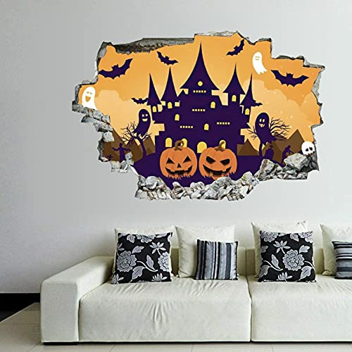 Witch Broom Halloween Wall Decal 3D Break Through Wall Sticker Removable PVC Funny Wall Art Decal Halloween Home Decor Vinyl Mural for Boy Kid's Room Living Room Bedroom Fireplace