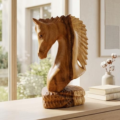 Budawi® XL Holzskulptur Pferd Pferdebüste Pferdeskulptur Deko Figur Statue Pferdekopf aus Teakholz 50 cm 3,6 Kg