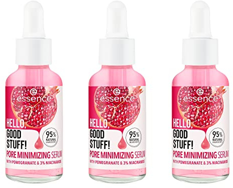 essence HELLO, GOOD STUFF! PORE MINIMIZING Serum, Gesichtsserum, Pink, feuchtigkeitsspendend, glättend, vegan, ohne Alkohol, ohne Parabene, ohne Mikroplastikpartikel, 3er Pack (3x30ml)