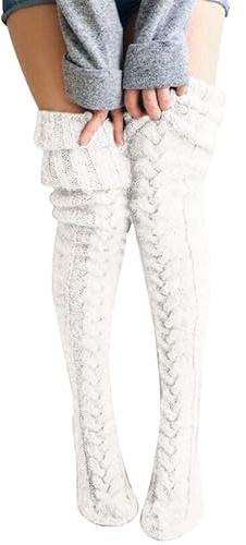 Litthing Chaussettes Montantes Femme Hiver Moelleuses Haute en Tricot Torsadé Automne Couleur Unie Longue Bottes Chaussette Cadeau pour Femmes Filles