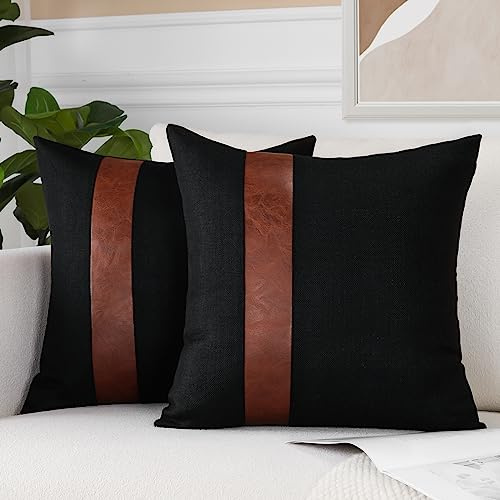 JOTOM Set of 2 Linen Faux Leather Patchwork Throw Pillow Covers 50x50cm Stripe Patchwork Modern Cushion Covers Farmhouse Decor Square Pillowcases for Outdoor Couch Living Room Bed Sofa Decor (Black B)