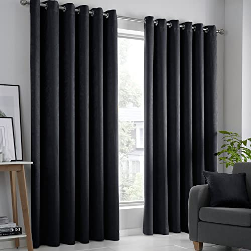 Fusion Eyelet Curtains – Black – W66 x L54 (168 x 137cm) – 2 Panels – Thermal & Insulated Drapes – Cotton Window Treatment for Bedroom, Living Room & Doors – Strata Collection