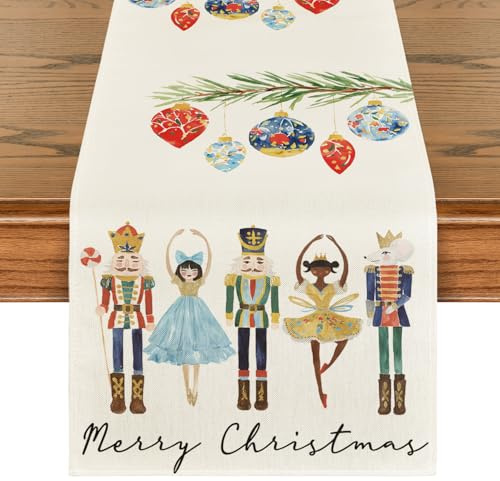 Artoid Mode Watercolor Nutcrackers Balls Merry Christmas Table Runner, Seasonal Winter Xmas Kitchen Dining Table Decoration for Home Party Decor 40x240 cm