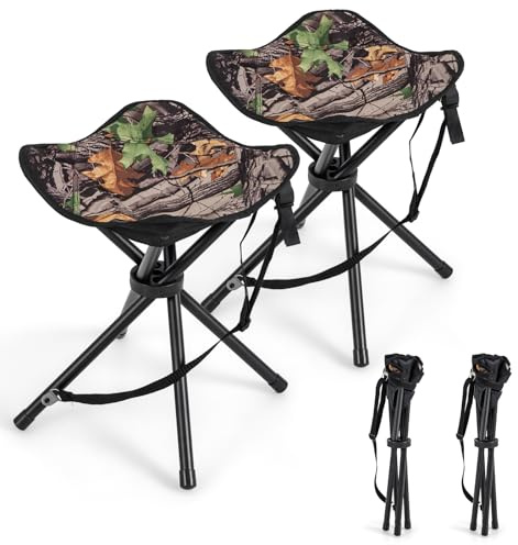 GYMAX 2 Pack Folding Stool, Portable Tripod Lightweight Hunting Stool with Shoulder Strap, Outdoor Hunting Chair Blind Chair for Fishing Camping, Hiking, Backpacking, Camouflage