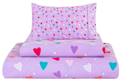 Viviland 3 Pieces Girls Purple Twin Sheet Set - Soft Microfiber Fitted Flat Sheets & Pillowcase - Colorful Hearts Printed Bedding Sets - for Kids & Toddlers