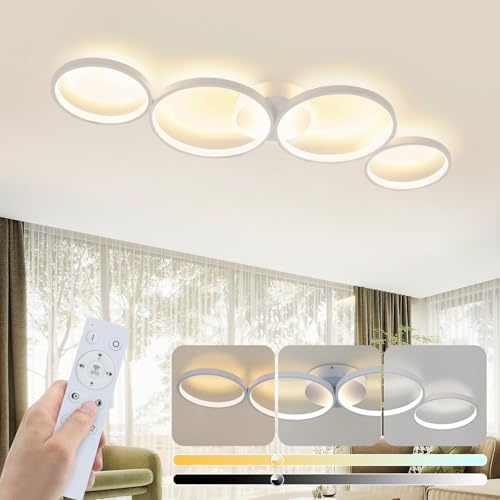 GBLY LED Deckenlampe Dimmbar Deckenleuchte 4 Flammig Modern | Wohnzimmerlampe 55W Ring Rund Weiß Schlafzimmerlampe Fernbedienung 88cm Design Bürolampe Schlafzimmer Wohnzimmer Büro Küche