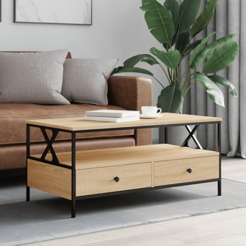 Gecheer Couchtisch mit 2 Schubladen und 1 Ablage Beistelltisch Wohnzimmertisch Kaffeetisch Sofatisch Tisch Teetisch Telefontisch Sonoma-Eiche 100x51x45 cm Holzwerkstoff