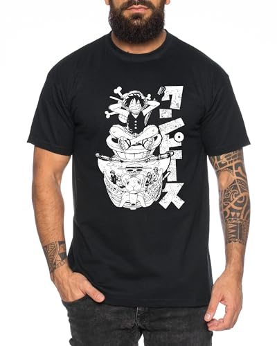 Merry Sit - T-Shirt Homme Chapeau de Paille Luffy Zoro One Monkey D. Pirate Ace Piece Goku Anime Ruffy, Taille:XXL, Couleur:Noir