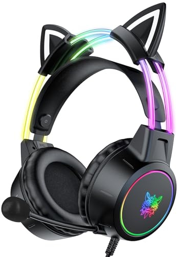 ONITOON Lightweight Gaming Headset,Removable Cat Ears, Gradient RGB Light, Wired Headphoe for PC/Mac/PS4/PS5/Xbox One/Switch/Phone, Virtual Surround Sound, Noise Cancelling Mic