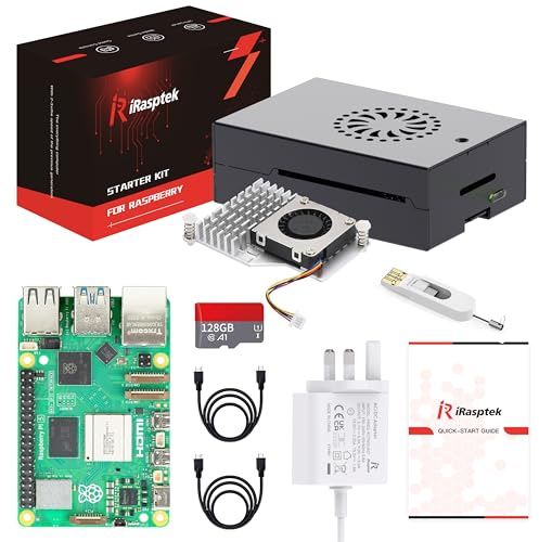iRasptek Starter Kit for Raspberry Pi 5 8Go - Édition OS-Bookworm de 128Go préinstallée (boîtier Aluminium)