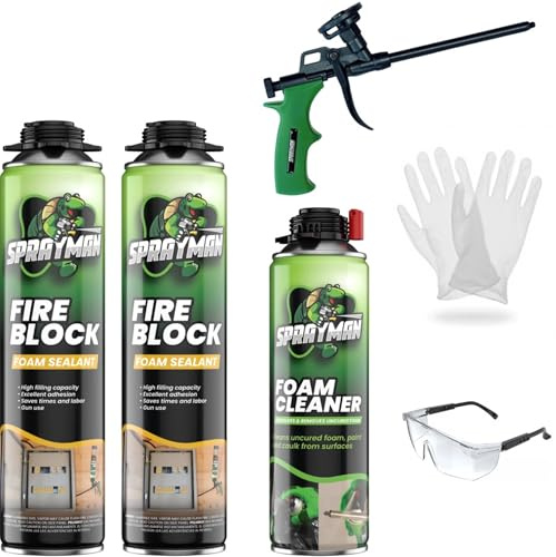 Sprayman Orange Fire Block Expanding Spray Foam - (2x20oz) Professional Gun Use Polyurethane Spray for Electrical Outlets & Water Pipes, B2 Fire Rated Foam - Gun Included - 2 Pack