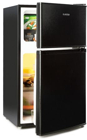Klarstein Big Daddy Cool - Frigorifero e Freezer Combinati, Frigorifero Combinato, Classe E, ECOExcellence System, 2 Ripiani in Vetro di Sicurezza, Frigo da 61 L e Freezer da 26 L, 87 L, Nero